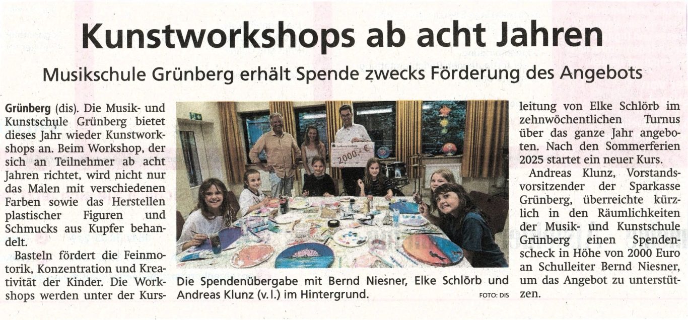Ausschnit aus der Gießener Allgemeinen Zeitung vom 28.06.2025 Zeitungsausschnitt Kunstworkshop vom 28.06.2025